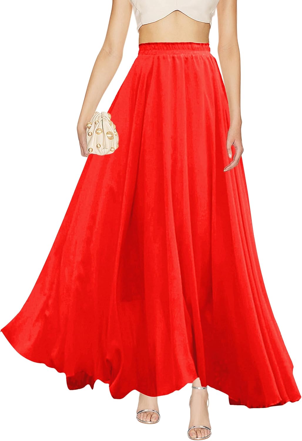 v28 Women Full Ankle Length Elastic Pleated Retro Maxi Skirt