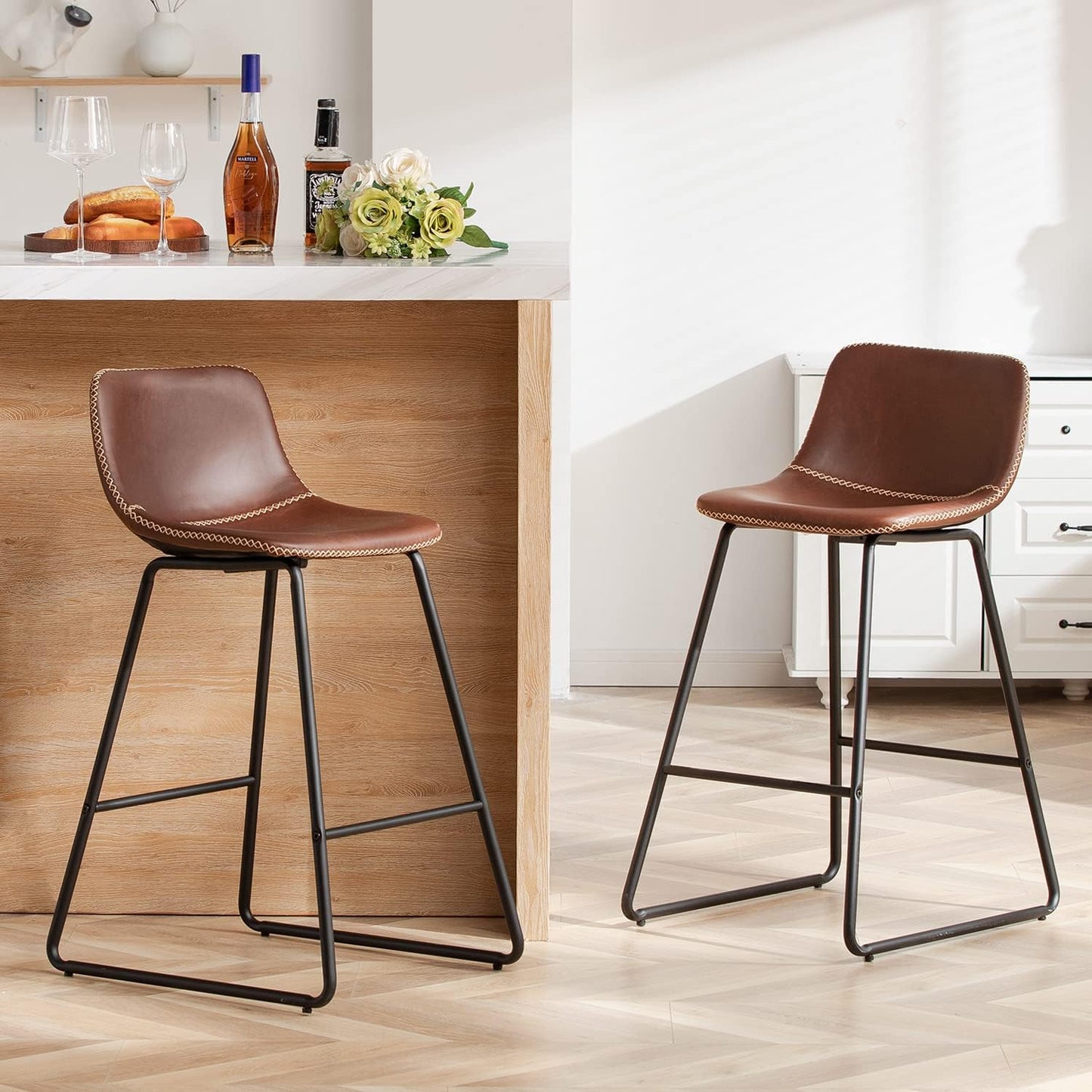 Ergonomic Faux Leather Bar Stools Set of 2 for Dining Room