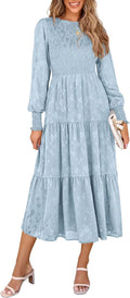 Women's Floral Midi Dress with Smocked Waist - Elegant Everyday