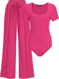 Womens Casual 2 Piece Bodysuit and Pants Set - Comfortable Ribbed Knit