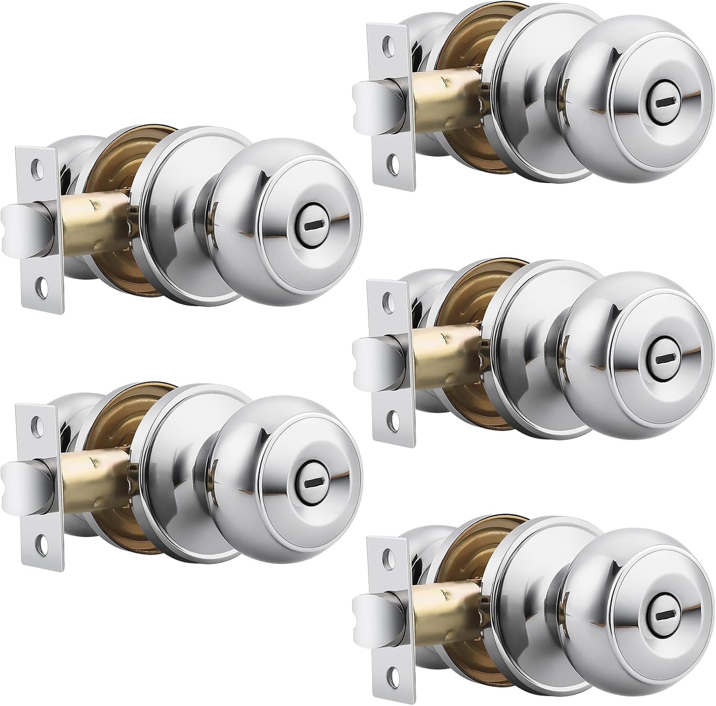 Probrico Polished Chrome Door Knobs with Privacy Lock - 5 Pack