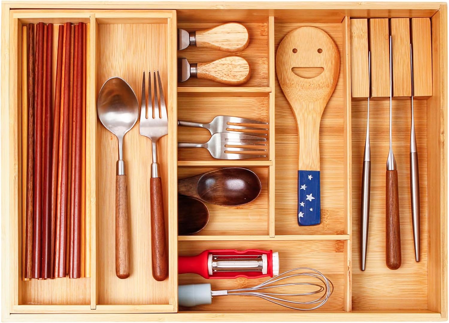Double Layer Bamboo Kitchen Drawer Organizer for Utensils