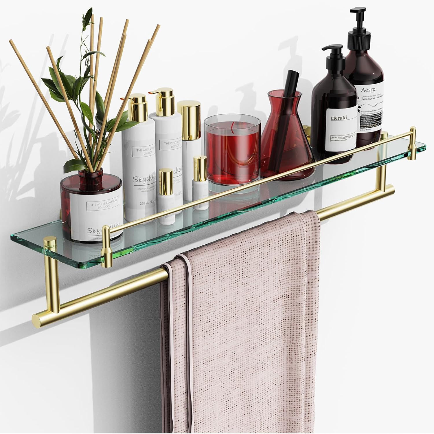 24-Inch Floating Tempered Glass Bathroom Shelf with Towel Bar