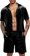 Men Summer Casual Short Sets Velvet Short Sleeve Button Down