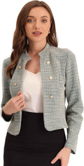 Vintage Tweed Cropped Blazer Jacket for Women - Stand Collar