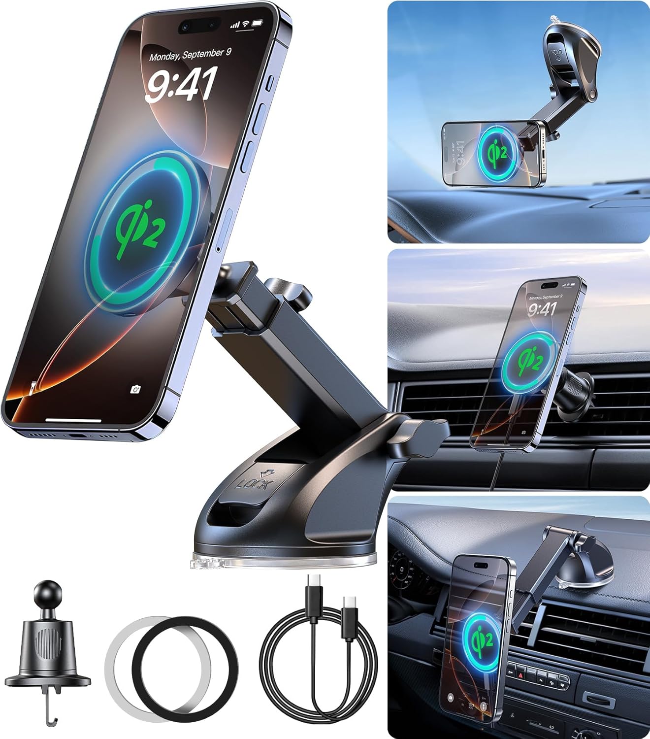 Qi2 Certified 90LBS Vacuum Magnetic Suction Car Charger Mount