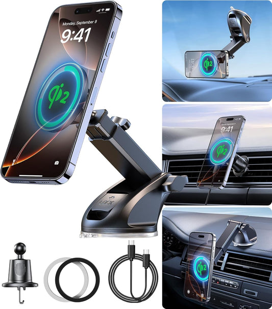 Qi2 Certified 90LBS Vacuum Magnetic Suction Car Charger Mount