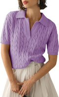 Imily Bela Women's Cable Short Sleeve Sweater Top - Soft V Neck Knit