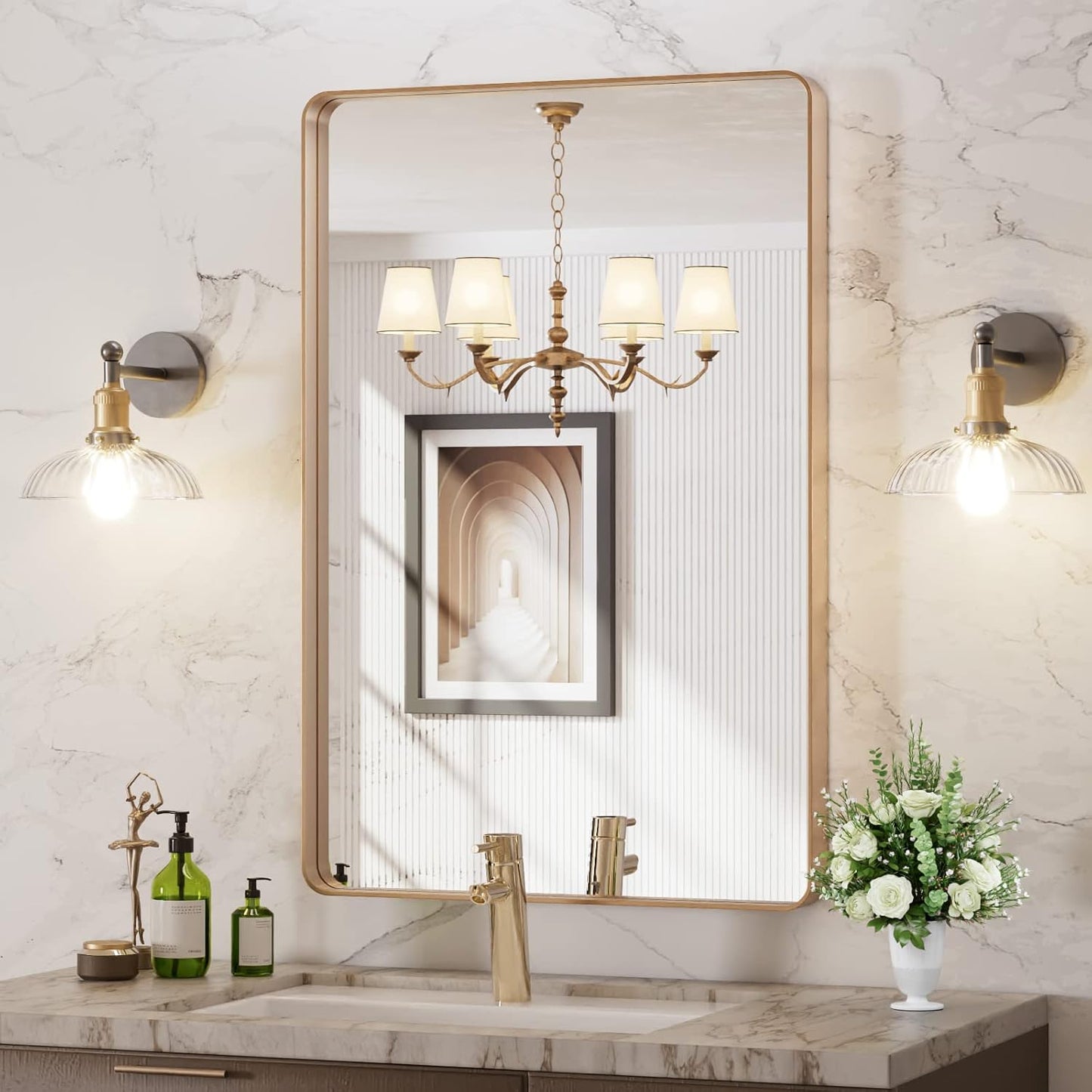 LOAAO 24X36 Gold Bathroom Mirror with Rounded Rectangle Frame