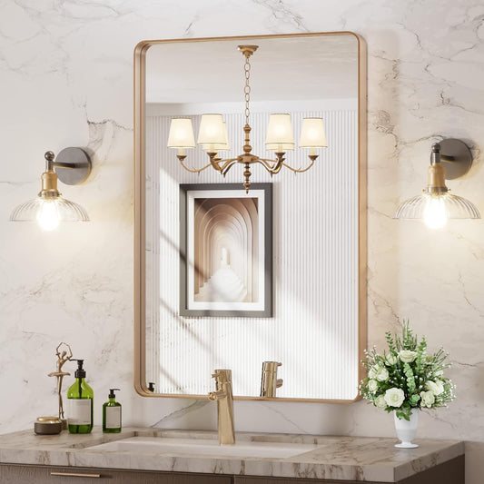 LOAAO 24X36 Gold Bathroom Mirror with Rounded Rectangle Frame