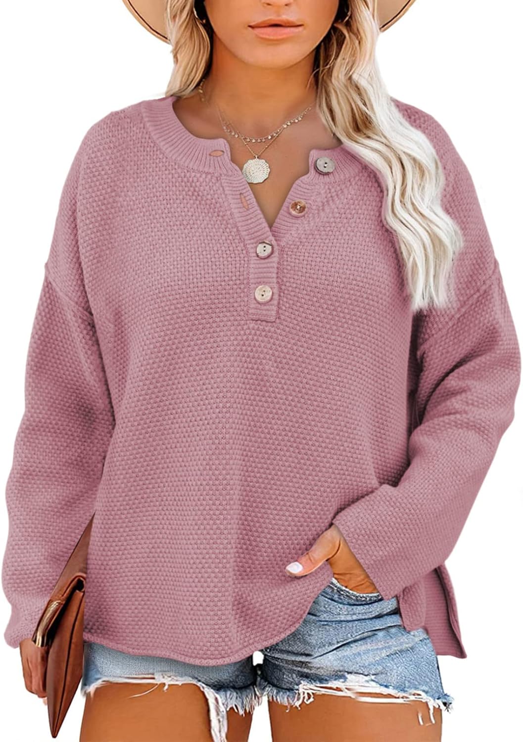 Eytino Womens Plus Size Sweaters Casual V Neck Button Tops