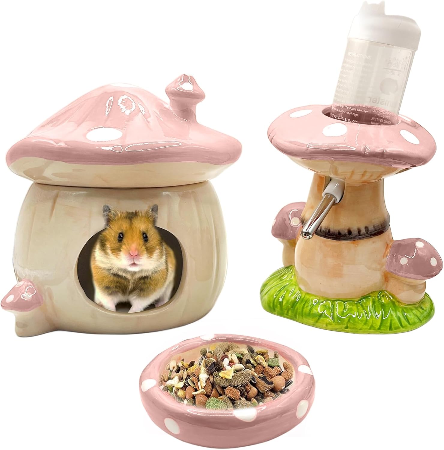 Mushroom Ceramic Hamster Hideout with Water Bottle and Bowl
