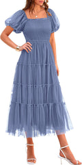 Smocked Midi Tulle Dress - Flattering Tiered Summer Midi Women's