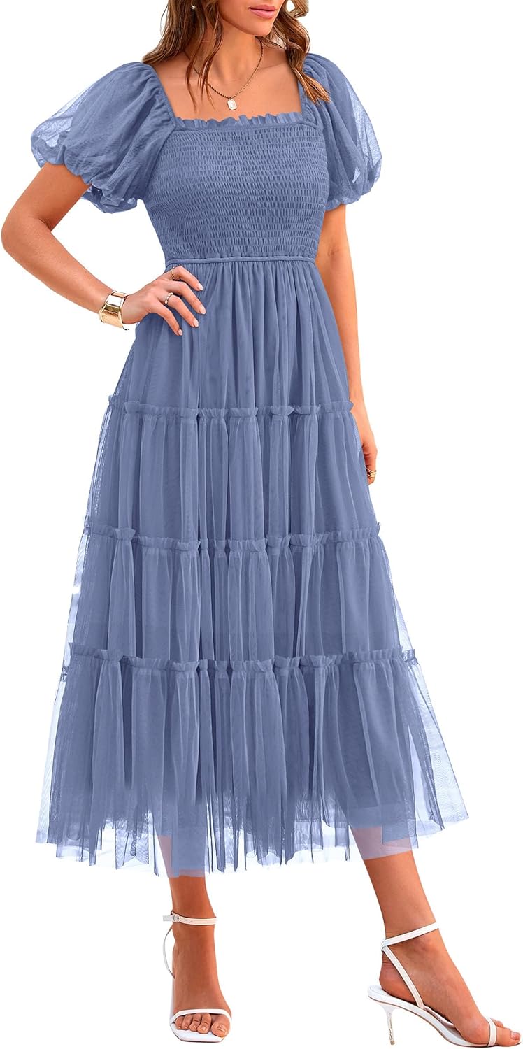 PRETTYGARDEN Women's Smocked Midi Tulle Dress for Summer Events