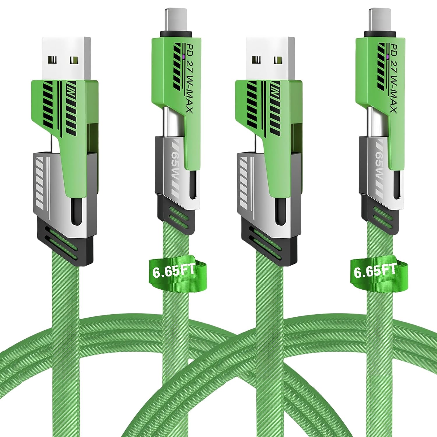 Fast Charge 2Pack 4-in-1 Cable 65W, 6.65 Ft, Multi-Device, Gartmost Green