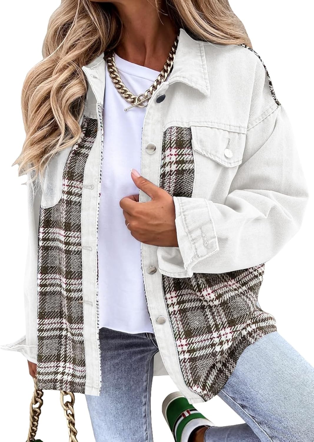 Oversized Denim Jacket for Women - Trendy Plaid Shacket Style