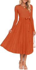 Womens Fall Long Sleeve Midi Dress with Belt - Pleated A Line