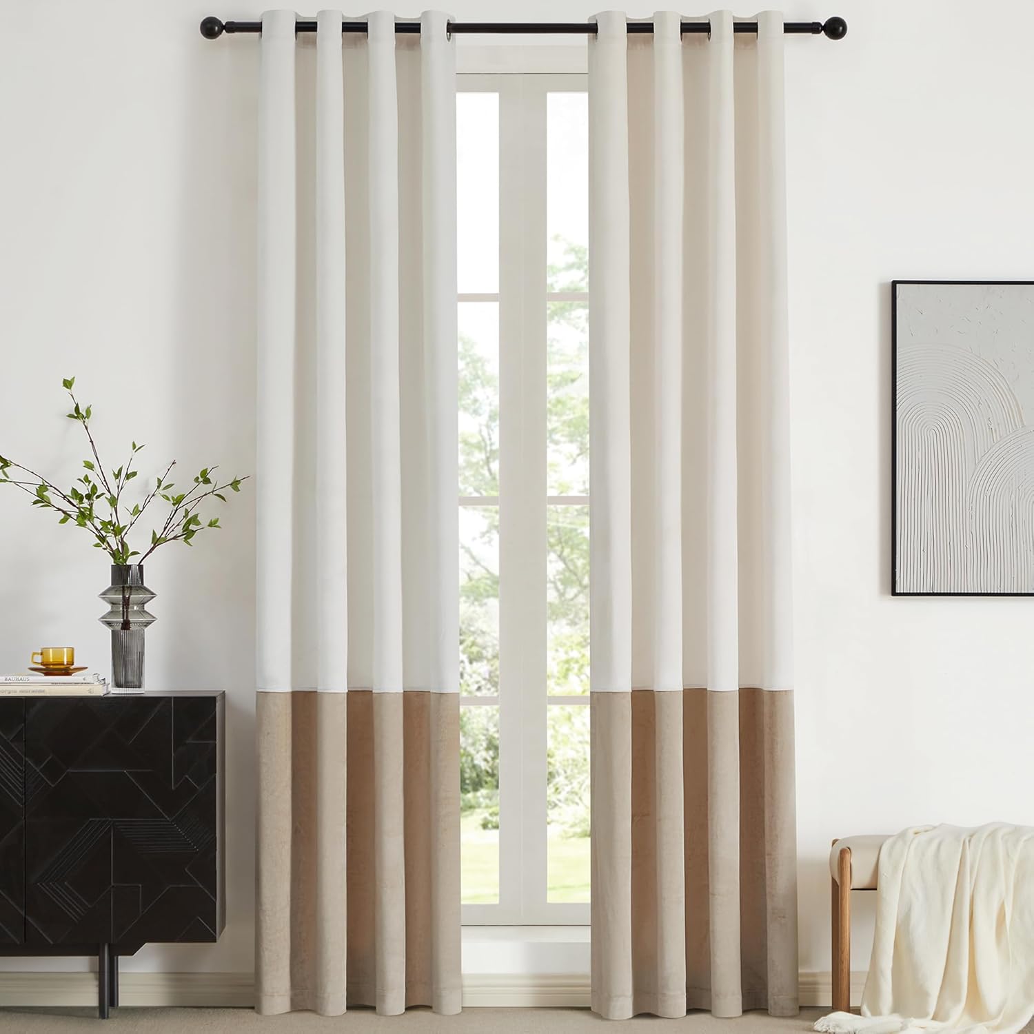 BULBUL Color Block Velvet Window Curtains for Darkening Treatment