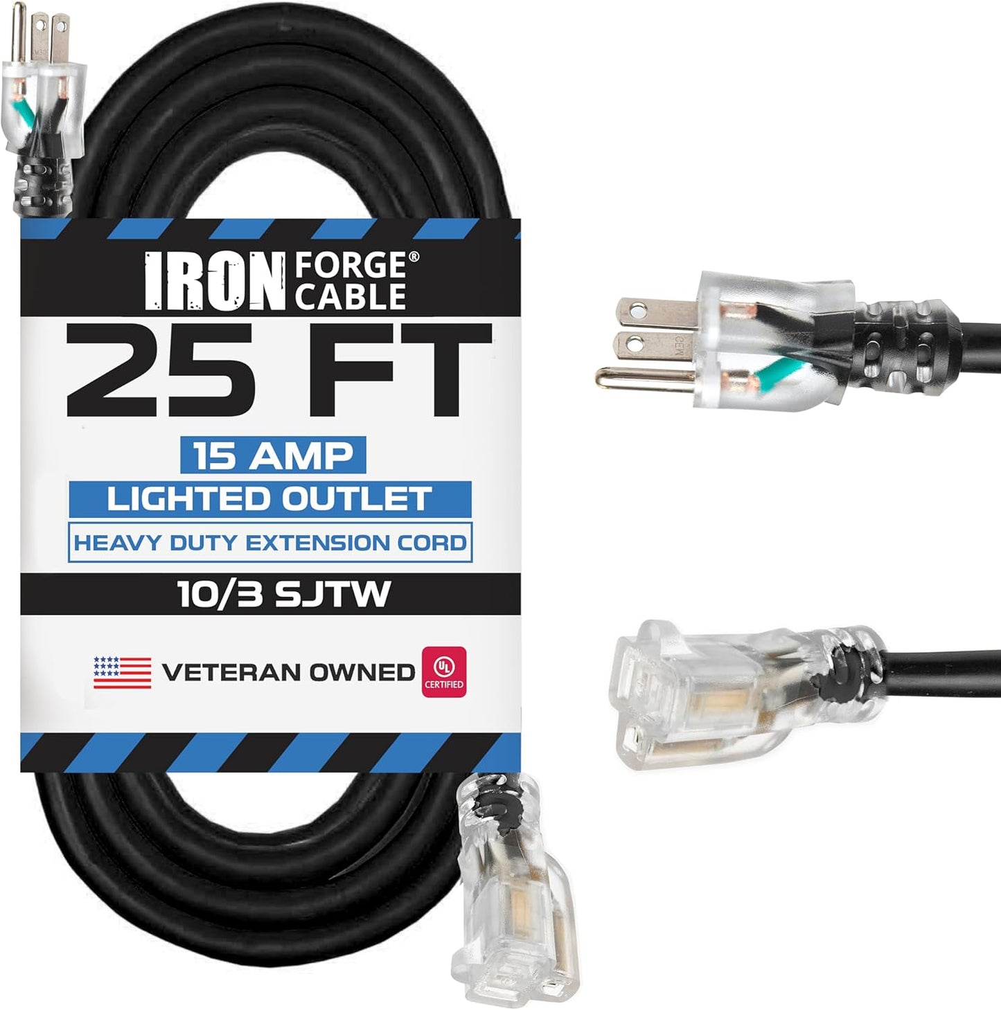 25 ft Lighted Outdoor Extension Cord for Heavy Duty Use