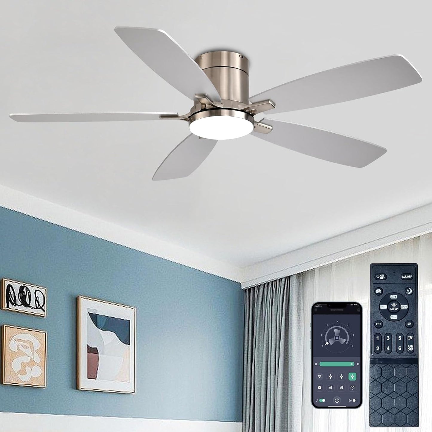 52 Inch Low Profile Ceiling Fan with Lights and Remote Control