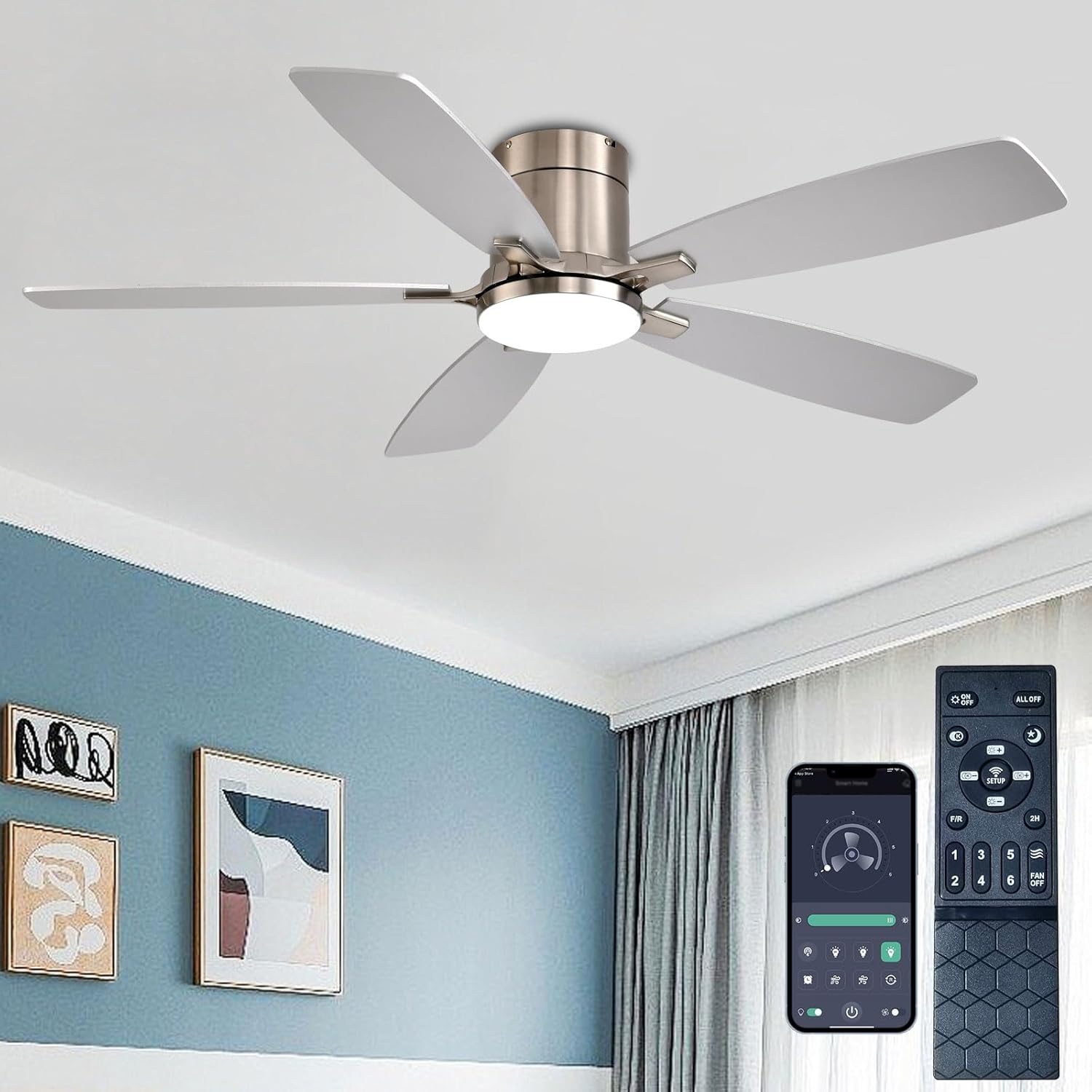 52 Inch Low Profile Ceiling Fan with Lights and Remote Control