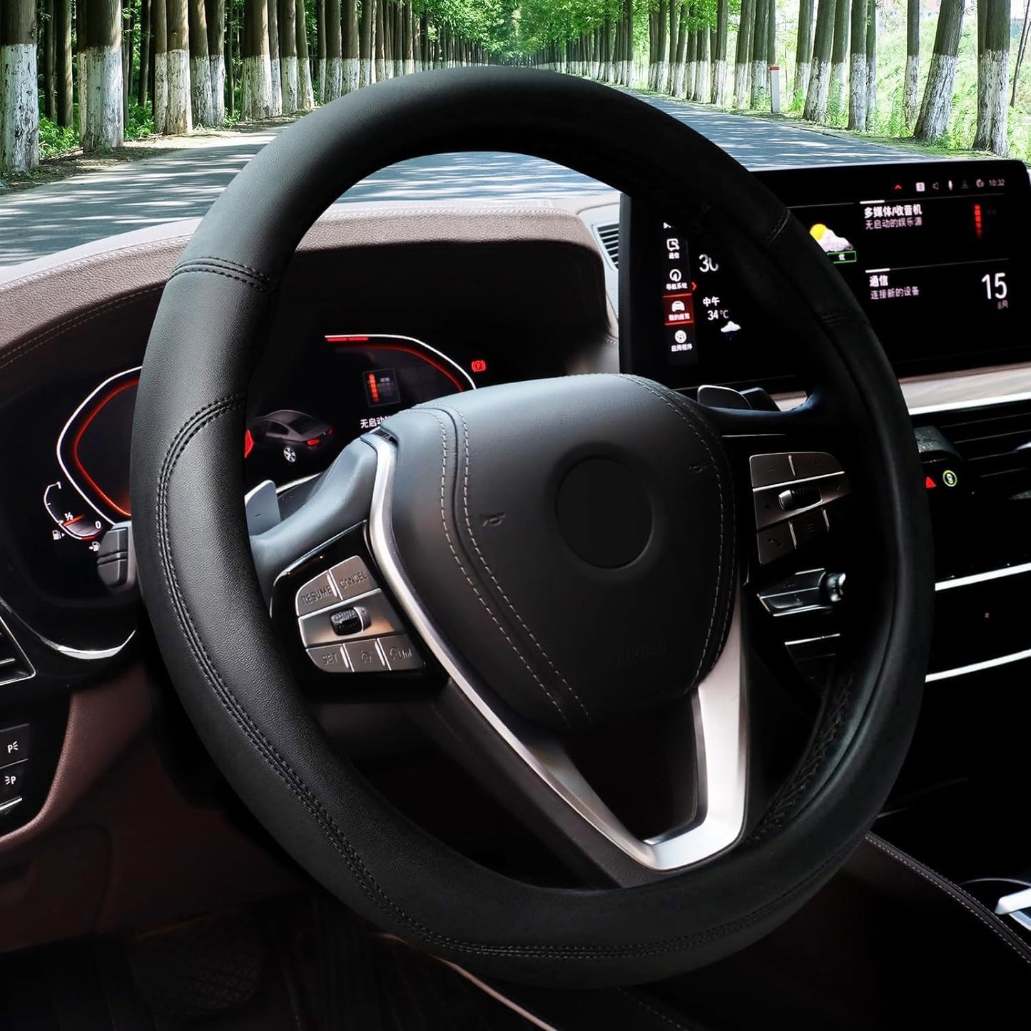 Durable Leather HOTOR Car Steering Wheel Cover - Anti-Slip, Universal Fit 14.5-15 Black