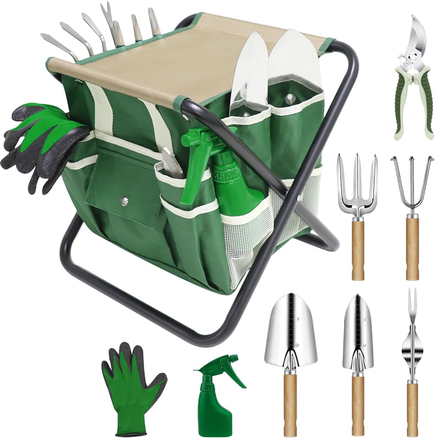 10 Piece Garden Tool Set with Heavy Duty Folding Stool and Tote