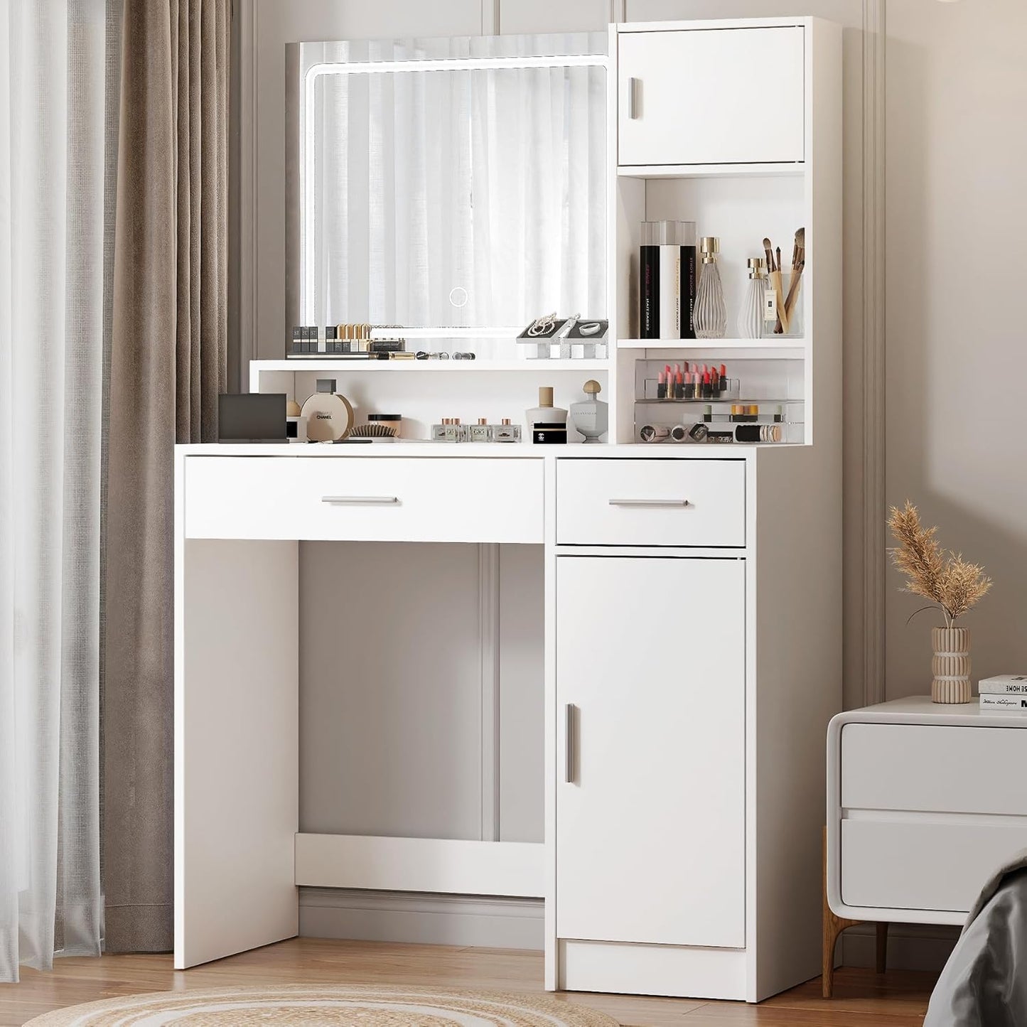 LED Vanity Desk with Mirror & Storage - Adjustable Lighting