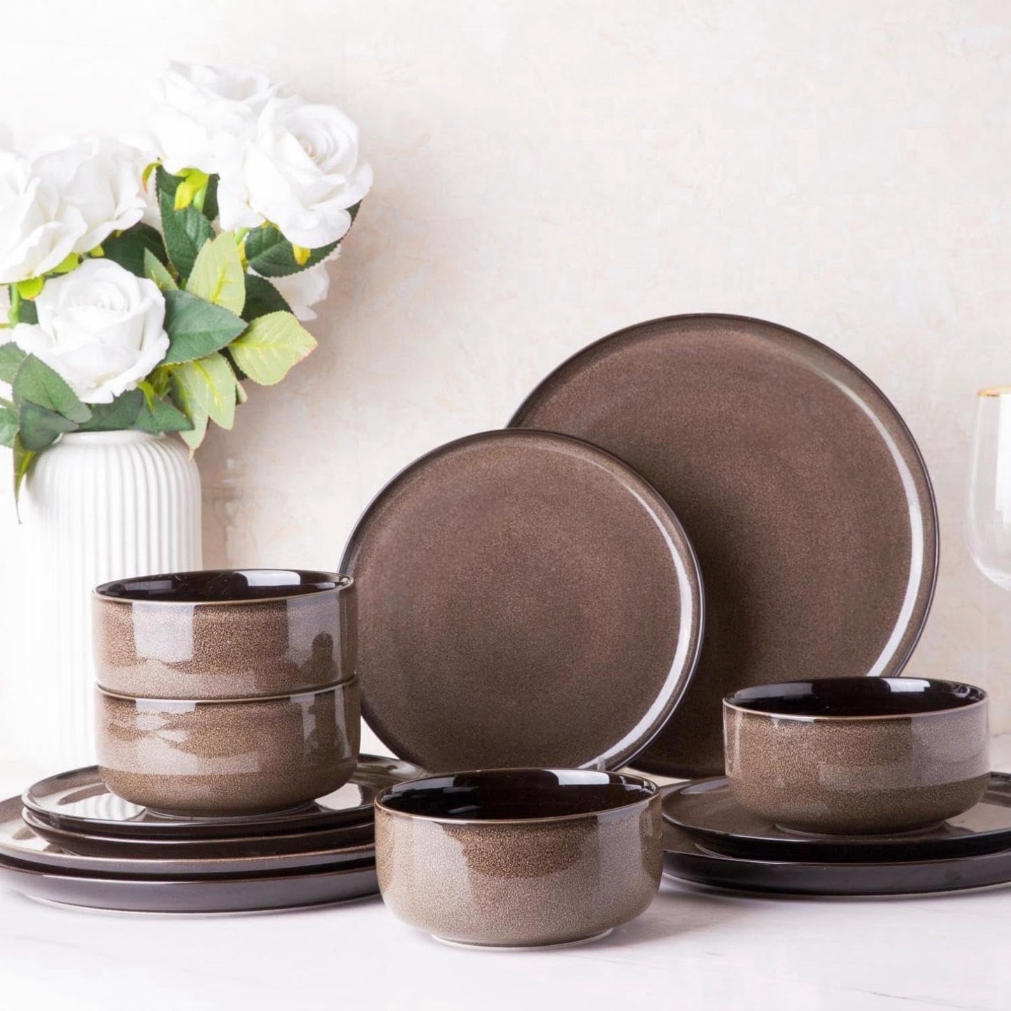 LeRatio Ceramic Dinnerware Set for 4 - 12-Piece Plates & Bowls
