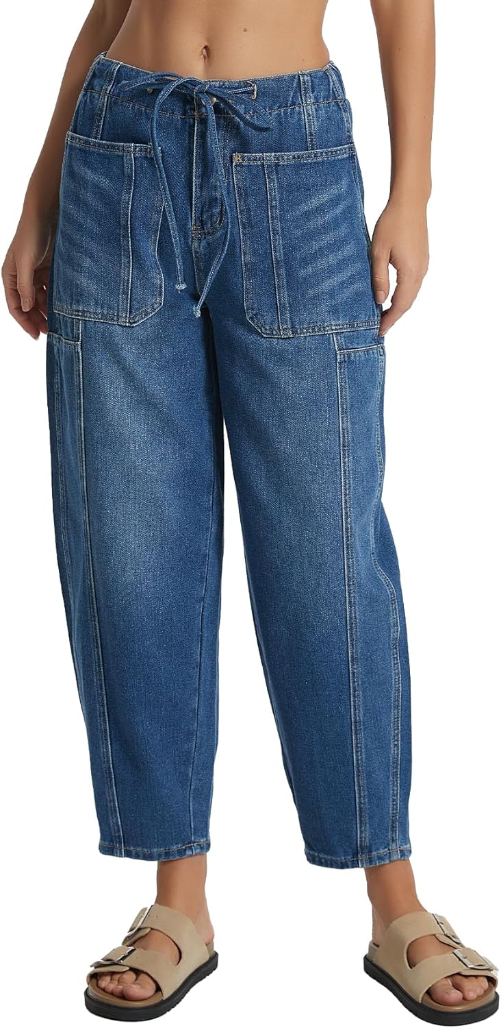 Women's Wide Leg Baggy Jeans with Drawstring for Comfort