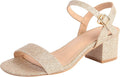 Women's Open Toe Ankle Strap Glitter Low Block Chunky Heels - Chic