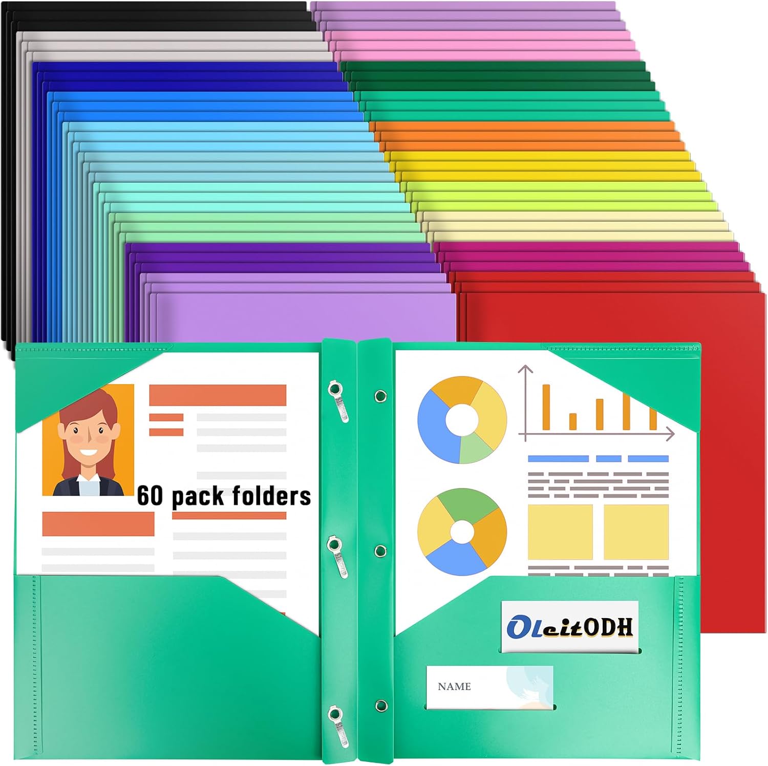 60 Pack Plastic Folders with 3 Prongs for School and Office