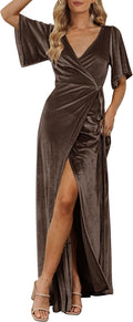 Velvet V Neck Wrap Maxi Dress - Flattering Formal Wrap Dress