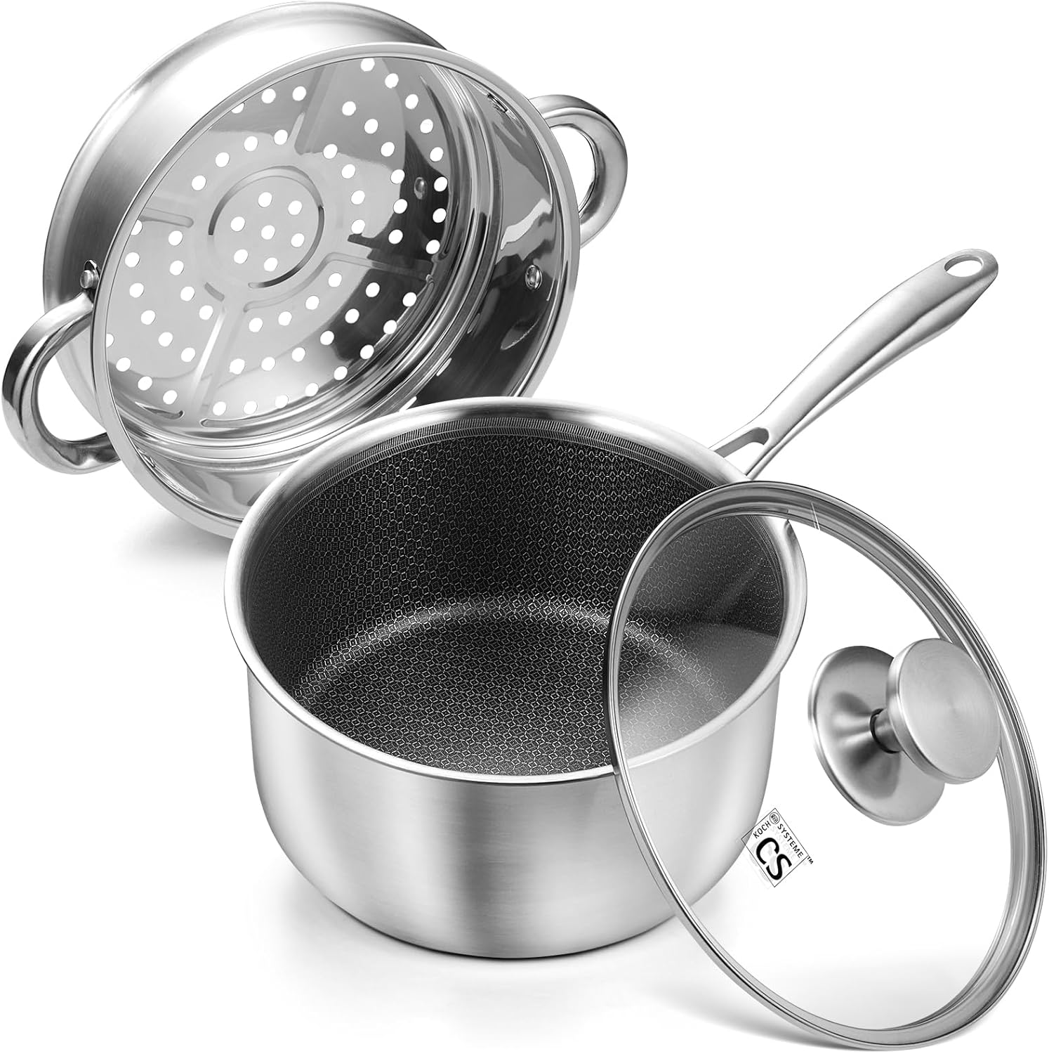 Hybrid Nonstick Stainless Steel Sauce Pan with Steamer Insert