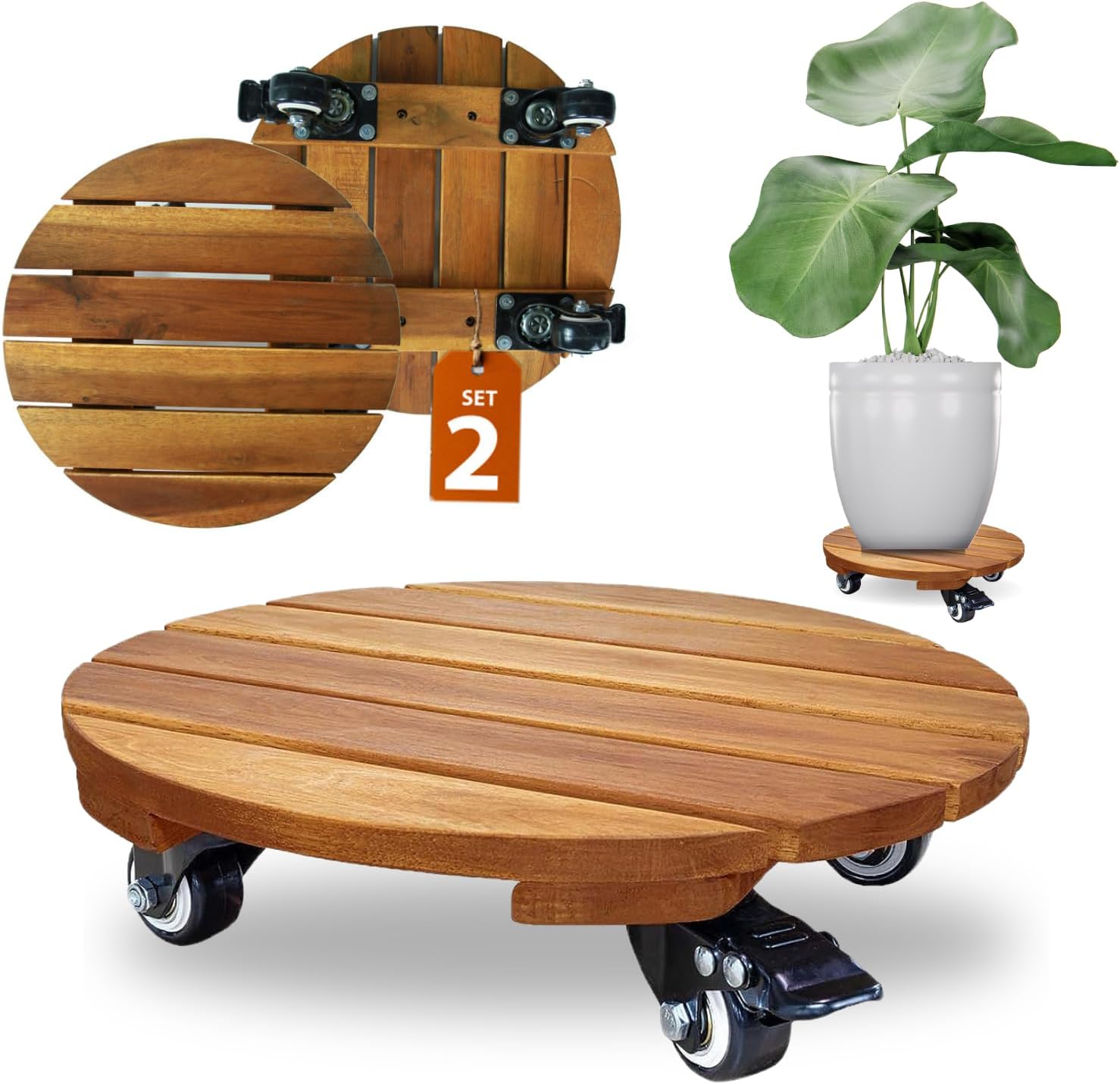 2PCs 12 INCH Wood Plant Caddy with Wheels for Easy Mobility
