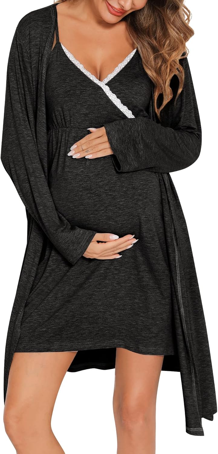 SWOMOG Womens Maternity Robe 2 Piece Nursing Nightgown Set