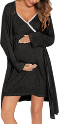 Womens Maternity Robe 2 Piece Nursing Nightgown Modal Set - Lace Trim