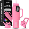 Coldest Tumbler with Handle and Straw - Leak Proof 46 oz Pink
