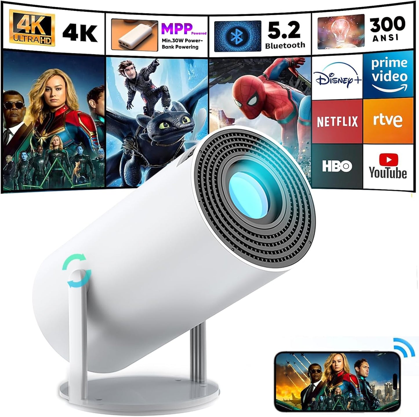 Portable Charger Powered Mini Projector with WiFi and Bluetooth