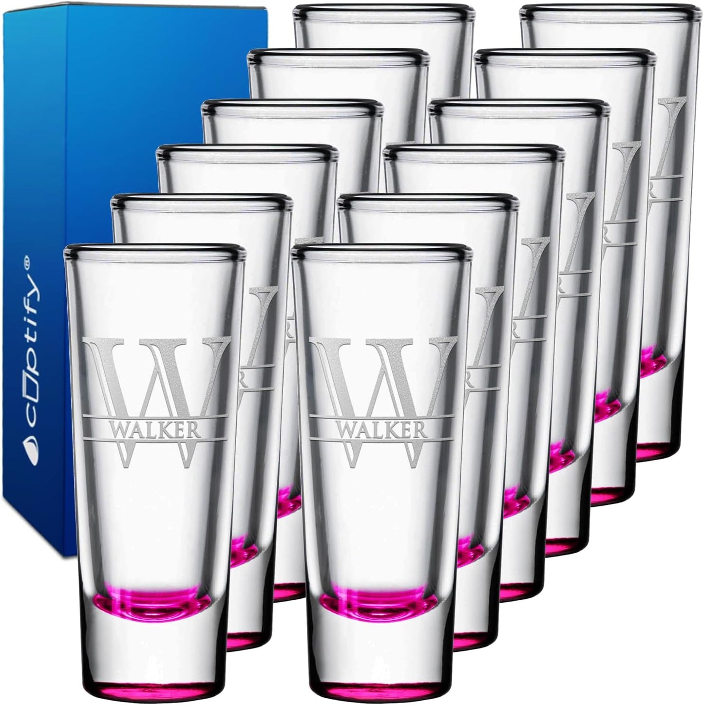 Personalized Shot Glasses Set of 12 with Pink Bottom for Events