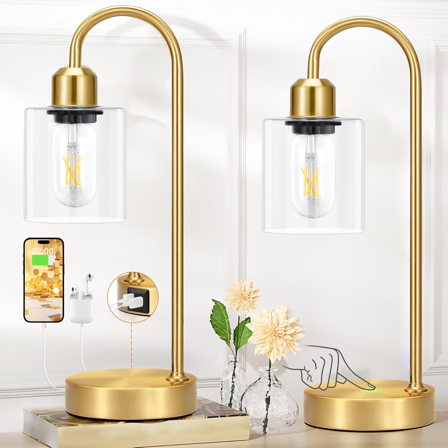 Industrial Gold Table Lamps Set with USB Ports for Modern Homes