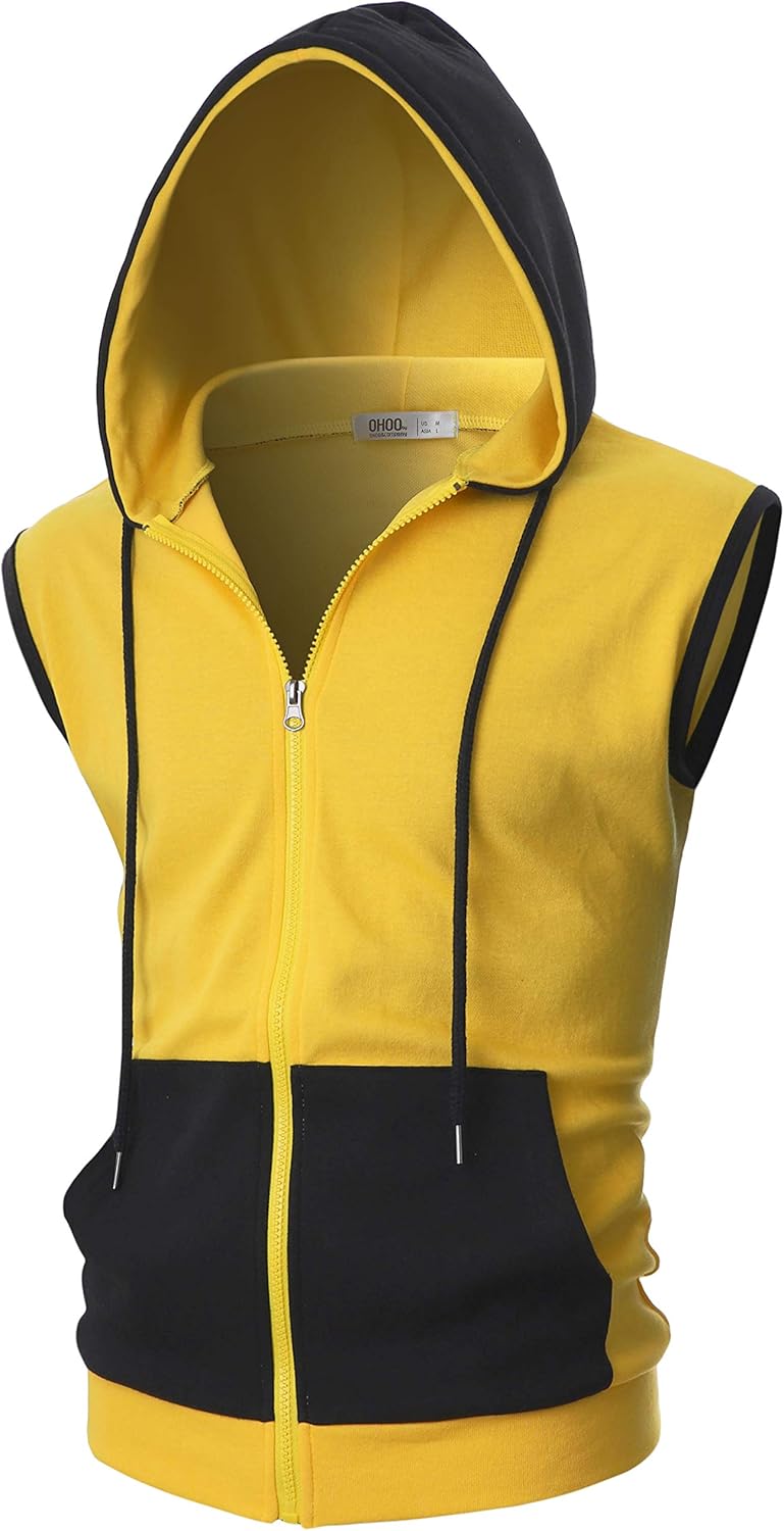 Ohoo Mens Slim Fit Sleeveless Zip Up Hooded Sweatshirt Vest
