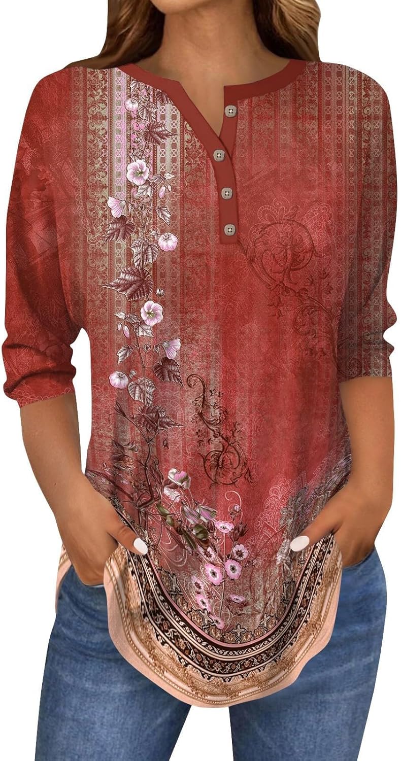 Boho Print Henley Neck Spring Tunic - Zowzowkot