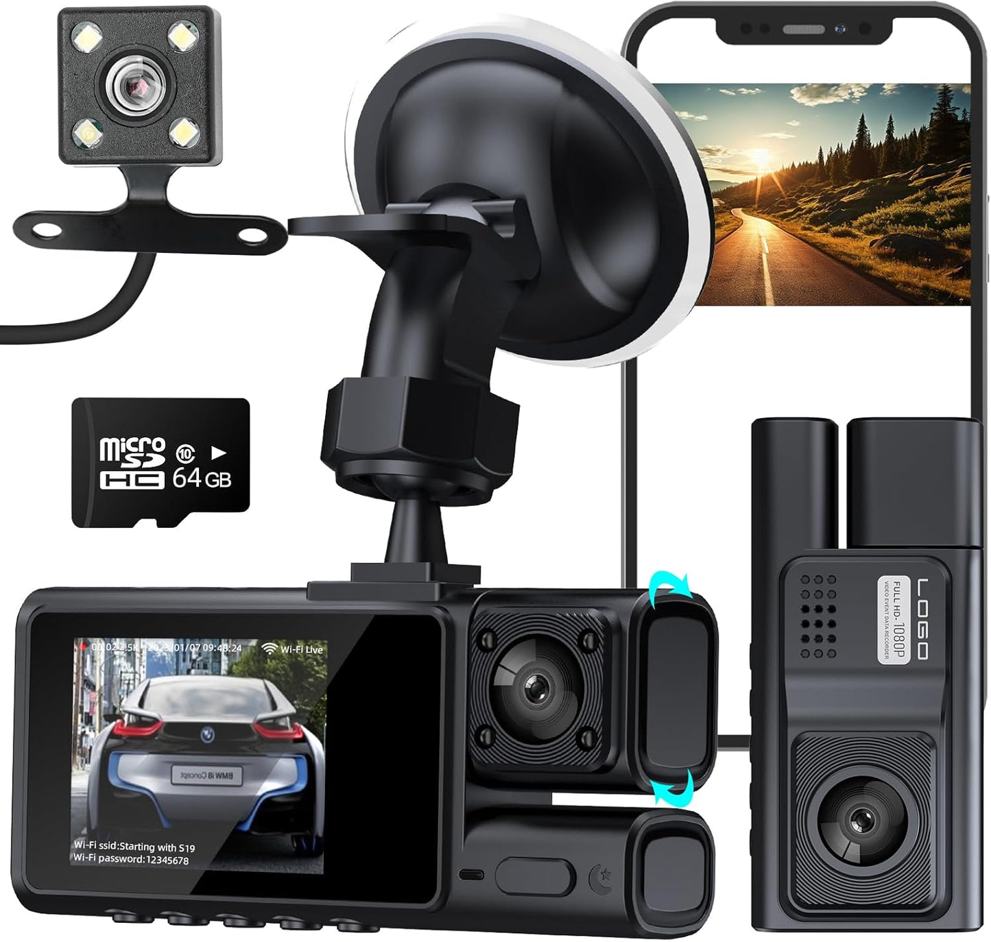 Wellehomi 3-Channel Full HD Dash Cam, WiFi, 64GB SD, Night Vision