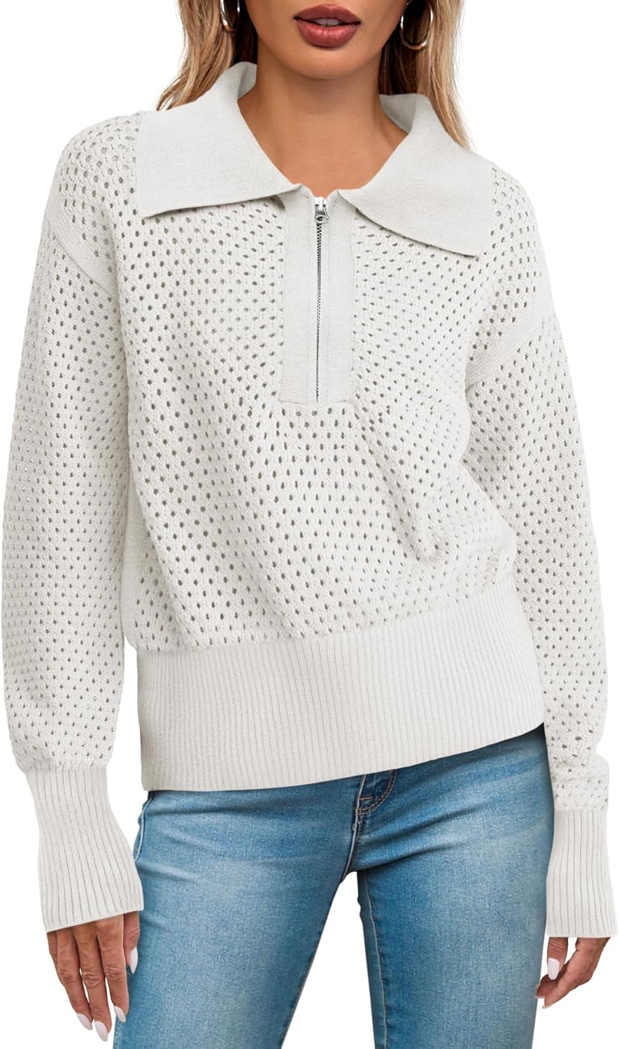 Women's Half Zip Pullover Sweaters with Crochet Lapel Collar