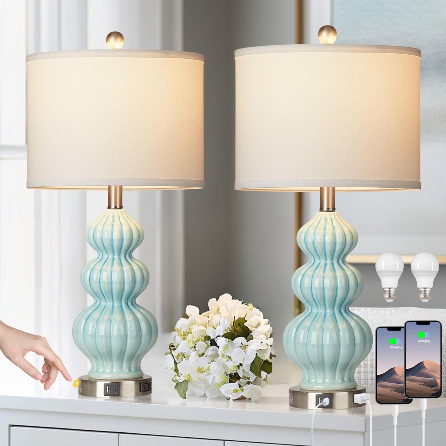 Ceramic Table Lamps Set of 2 - Modern 3-Way Dimmable Design