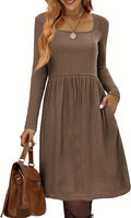 Square Neck Knit Long Sleeve Sweater Dress - Comfortable Fall Staple