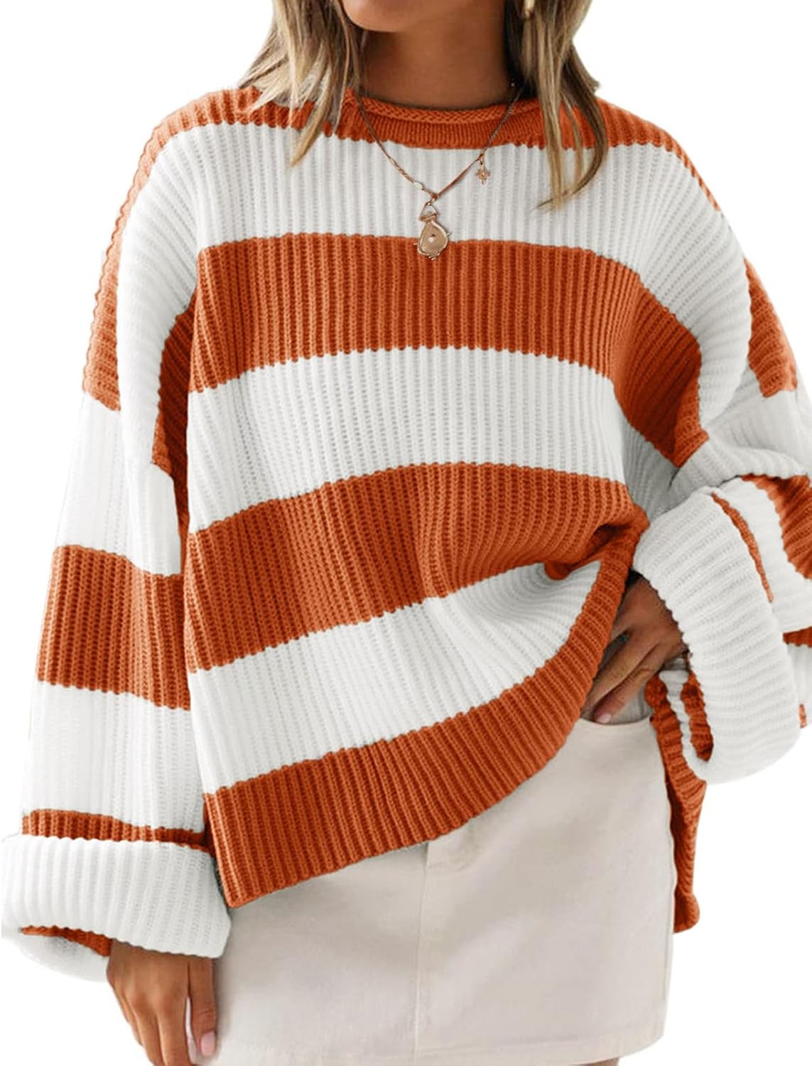 ZESICA Women's Oversized Striped Color Block Pullover Sweater