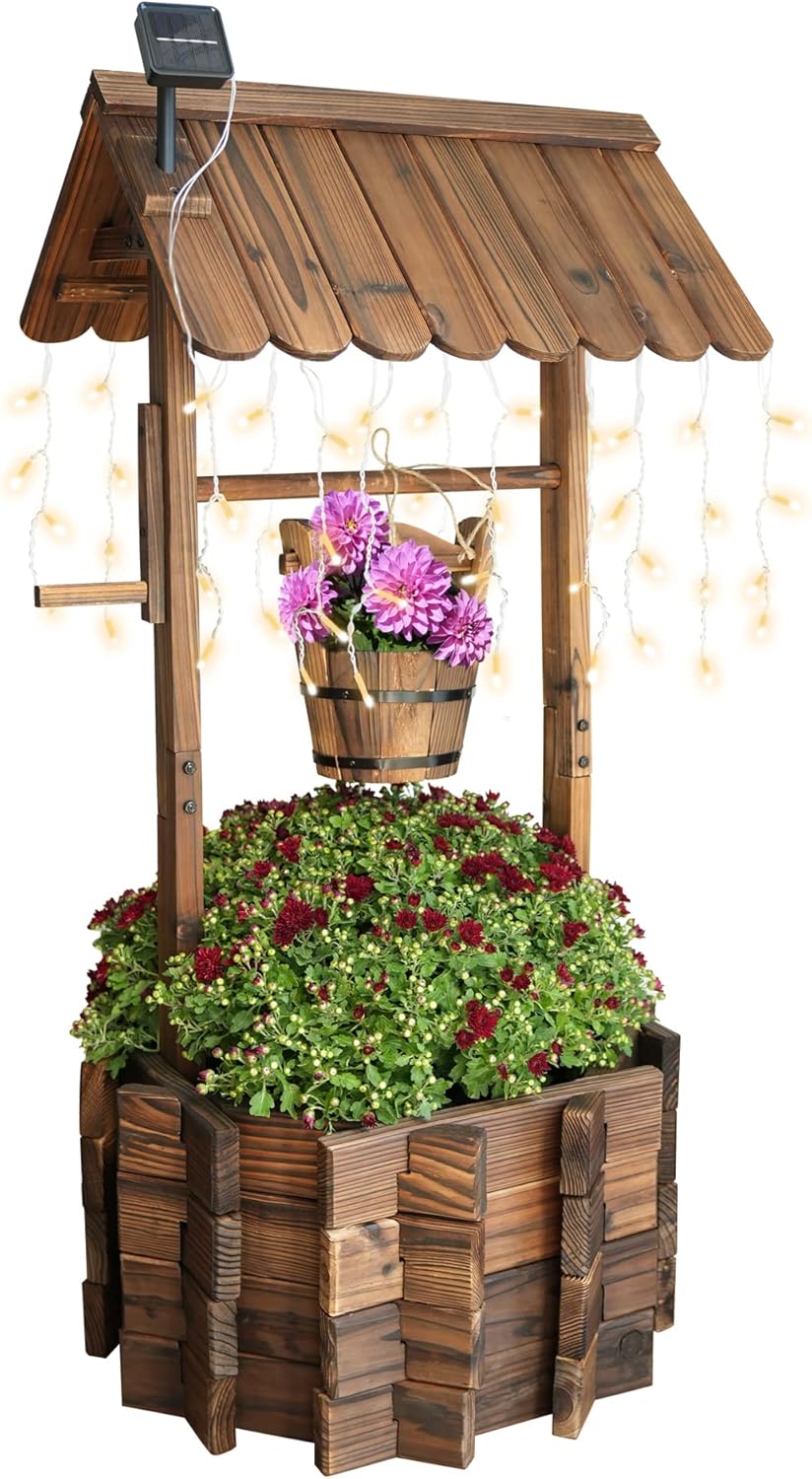 Rustic Wooden Wishing Well Planter for Outdoor Home Decor