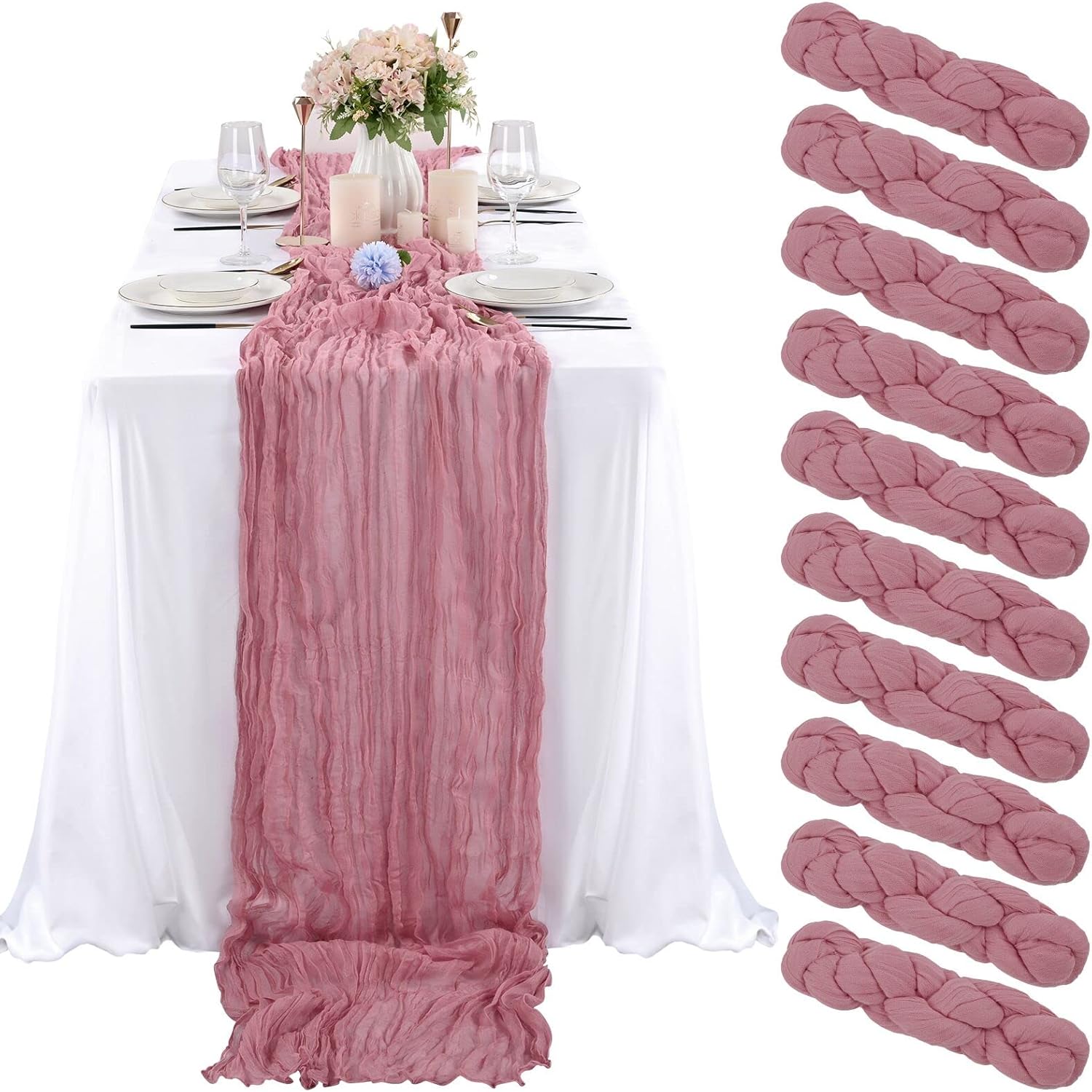 10 Pcs Dusty Rose Cheesecloth Table Runner for Weddings and Parties